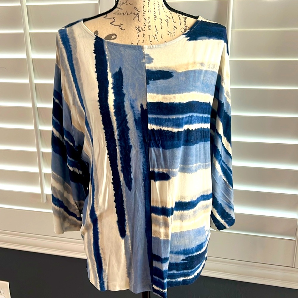Chicos, blue and cream design Dallman sleeve top.